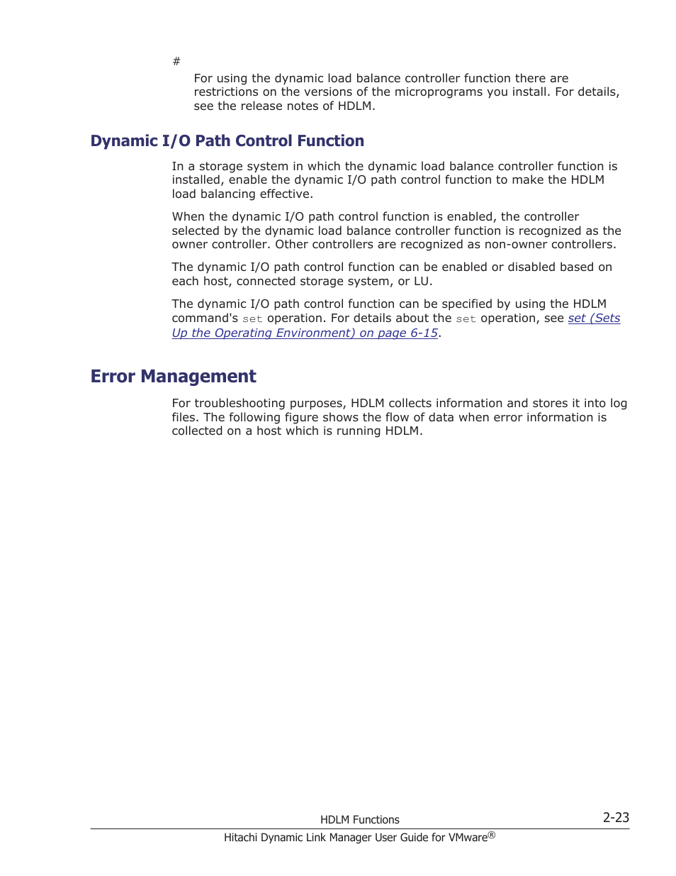 Dynamic i/o path control function, Error management, Dynamic i/o path control function -23 | Error management -23 | HP Hitachi Dynamic Link Manager Software User Manual | Page 41 / 242