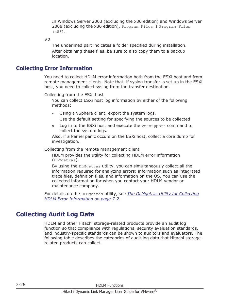 Collecting error information, Collecting audit log data, Collecting error information -26 | Collecting audit log data -26 | HP Hitachi Dynamic Link Manager Software User Manual | Page 44 / 242