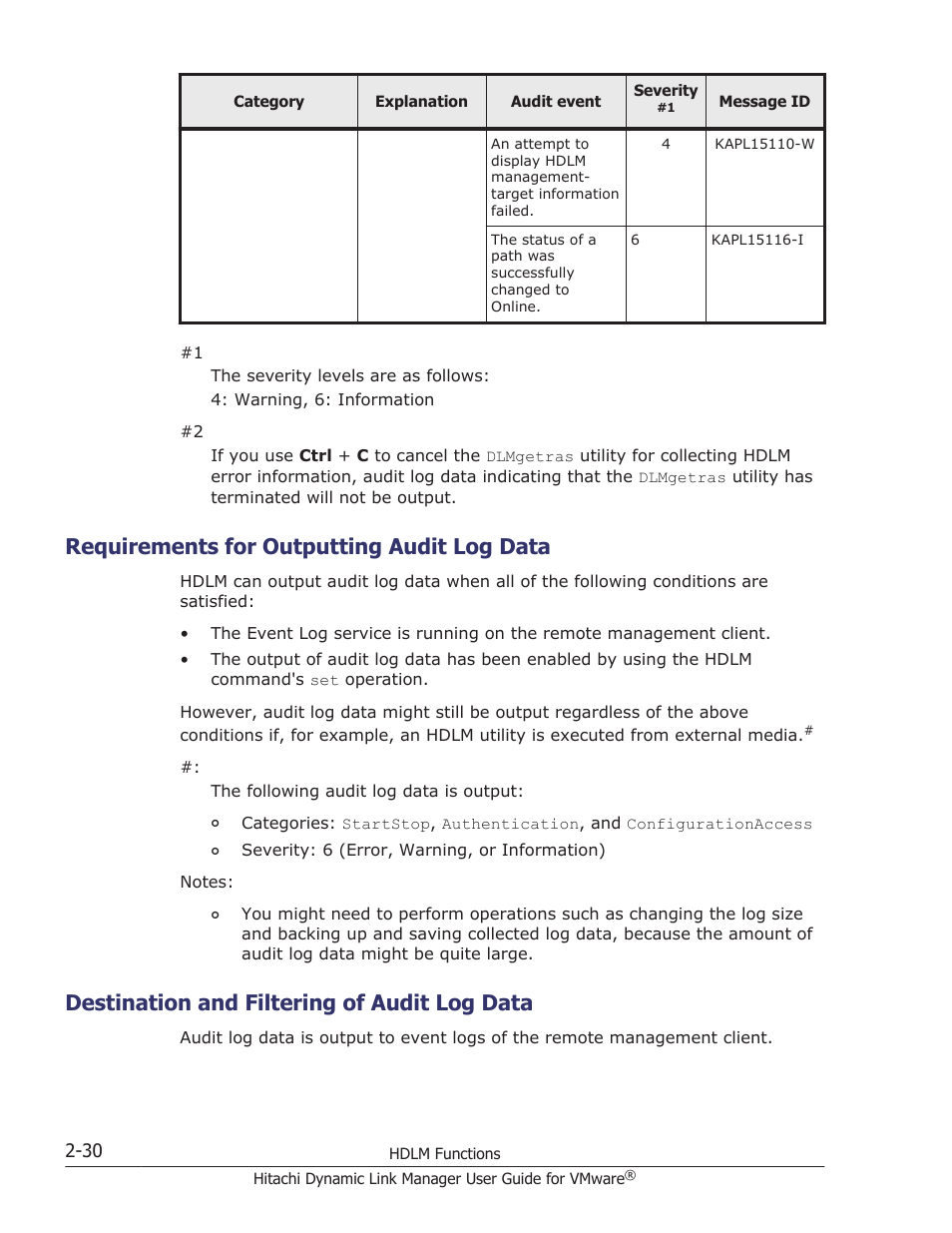 Requirements for outputting audit log data, Destination and filtering of audit log data, Requirements for outputting audit log data -30 | Destination and filtering of audit log data -30 | HP Hitachi Dynamic Link Manager Software User Manual | Page 48 / 242