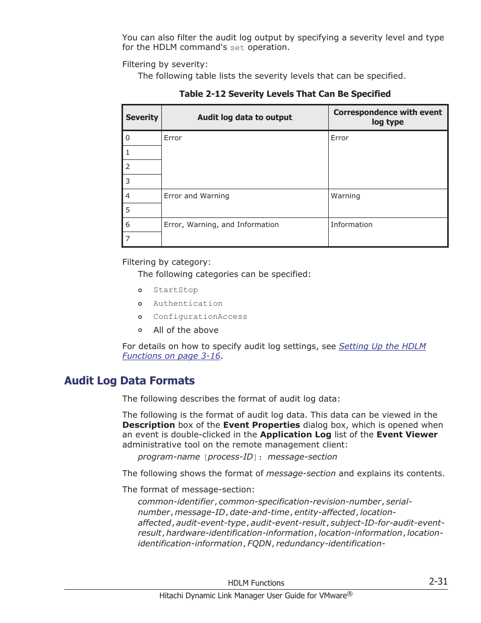 Audit log data formats, Audit log data formats -31 | HP Hitachi Dynamic Link Manager Software User Manual | Page 49 / 242