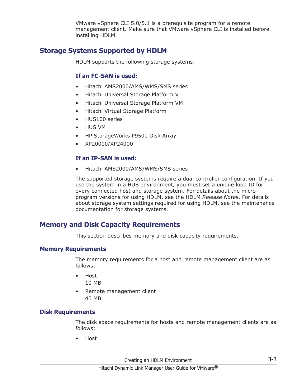 Storage systems supported by hdlm, Memory and disk capacity requirements, Storage systems supported by hdlm -3 | Memory and disk capacity requirements -3, Memory requirements -3, Disk requirements -3 | HP Hitachi Dynamic Link Manager Software User Manual | Page 55 / 242