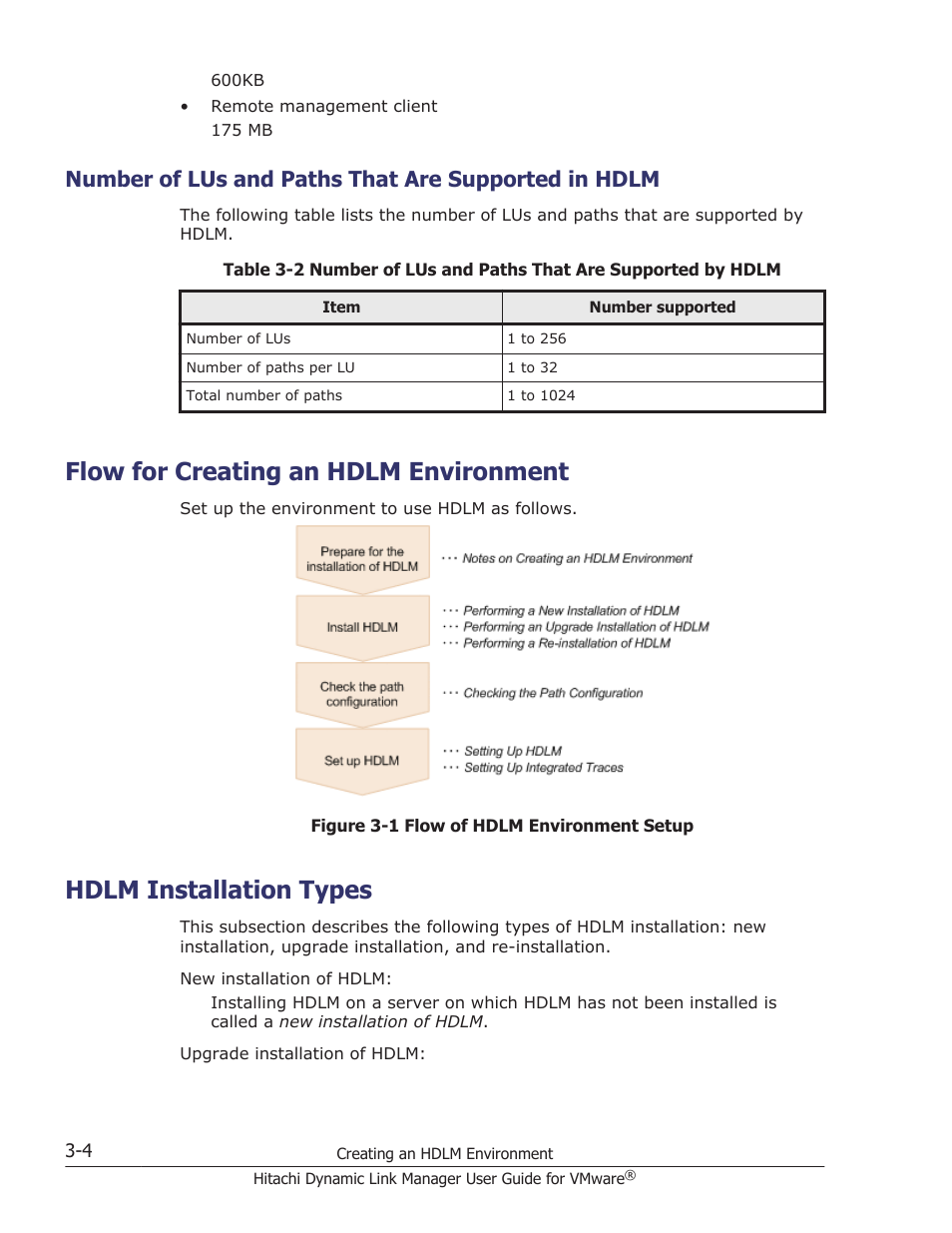 Number of lus and paths that are supported in hdlm, Flow for creating an hdlm environment, Hdlm installation types | Flow for creating an hdlm environment -4, Hdlm installation types -4 | HP Hitachi Dynamic Link Manager Software User Manual | Page 56 / 242