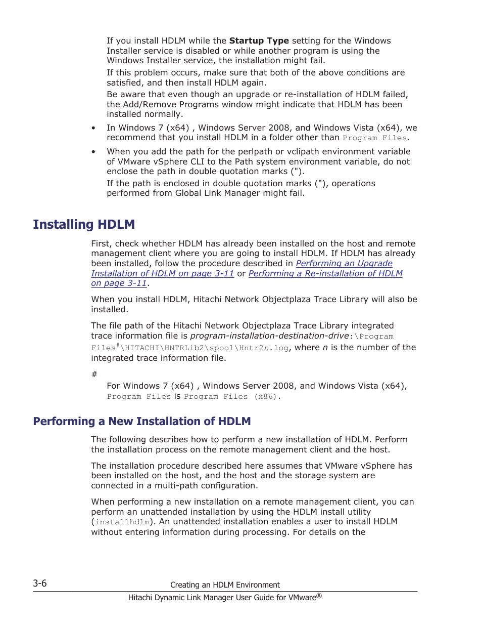 Installing hdlm, Performing a new installation of hdlm, Installing hdlm -6 | Performing a new installation of hdlm -6 | HP Hitachi Dynamic Link Manager Software User Manual | Page 58 / 242