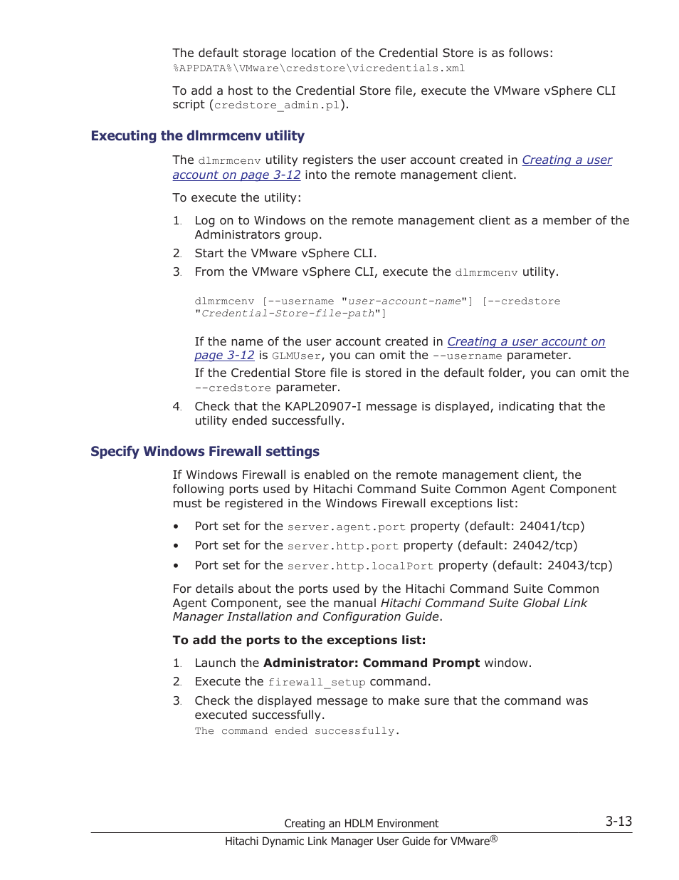 Executing the dlmrmcenv utility -13, Specify windows firewall settings -13 | HP Hitachi Dynamic Link Manager Software User Manual | Page 65 / 242