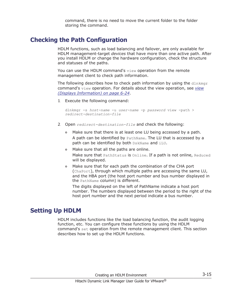 Checking the path configuration, Setting up hdlm, Checking the path configuration -15 | Setting up hdlm -15 | HP Hitachi Dynamic Link Manager Software User Manual | Page 67 / 242