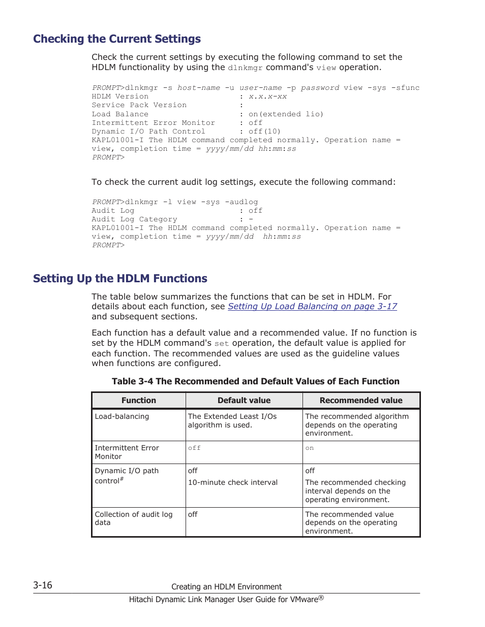 Checking the current settings, Setting up the hdlm functions, Checking the current settings -16 | Setting up the hdlm functions -16 | HP Hitachi Dynamic Link Manager Software User Manual | Page 68 / 242