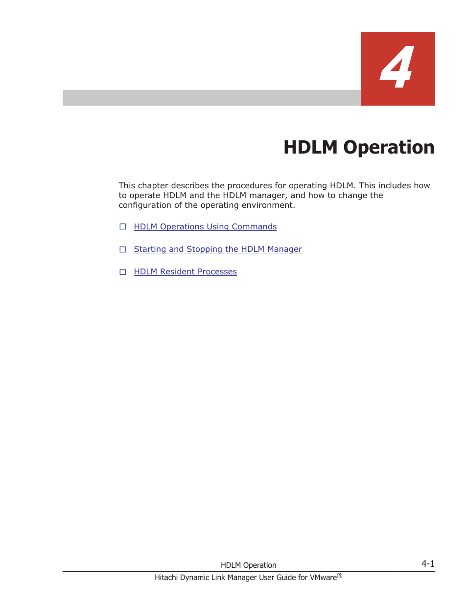 Hdlm operation, 4 hdlm operation -1, Chapter 4, hdlm operation on | HP Hitachi Dynamic Link Manager Software User Manual | Page 77 / 242