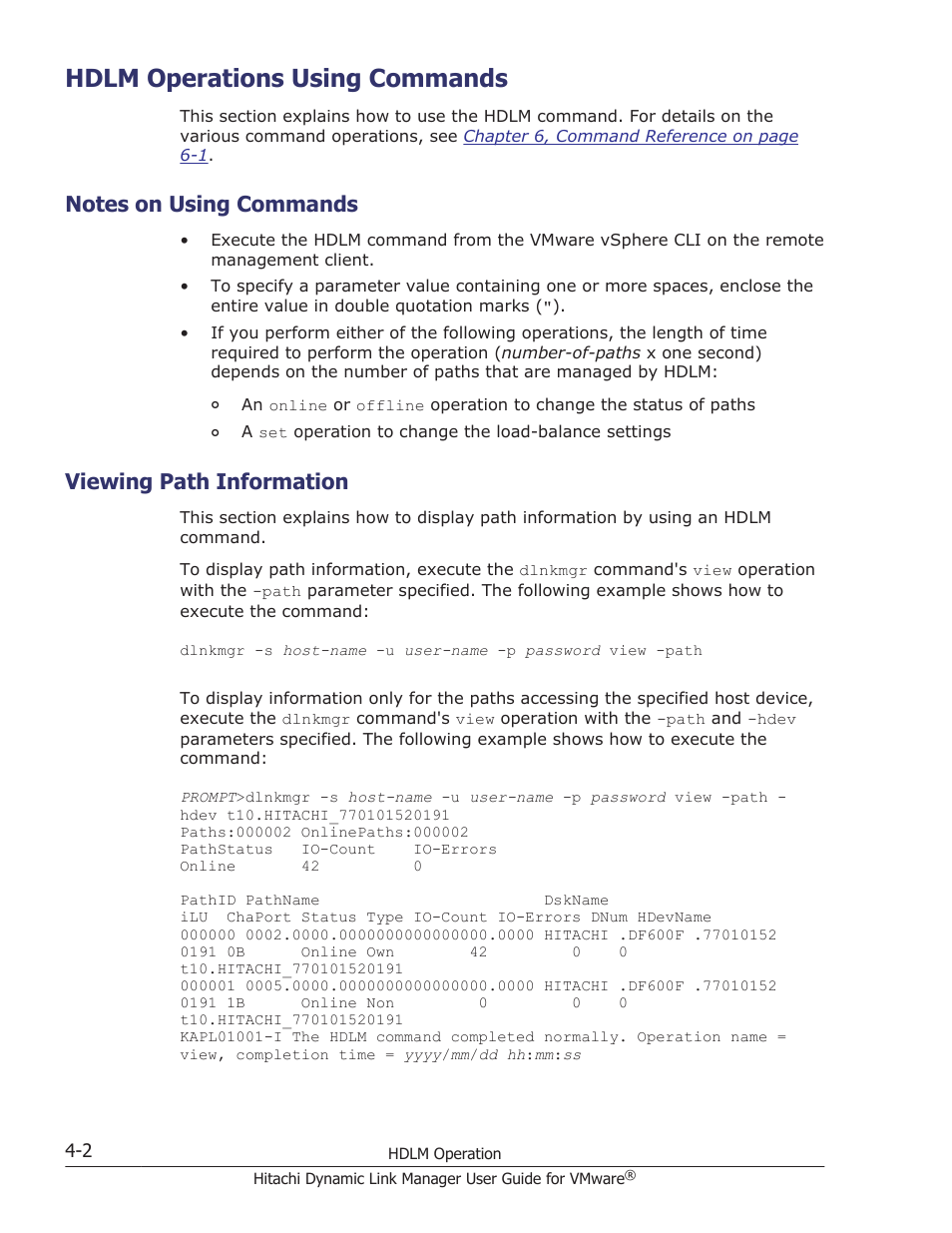 Hdlm operations using commands, Notes on using commands, Viewing path information | Hdlm operations using commands -2, Notes on using commands -2, Viewing path information -2 | HP Hitachi Dynamic Link Manager Software User Manual | Page 78 / 242