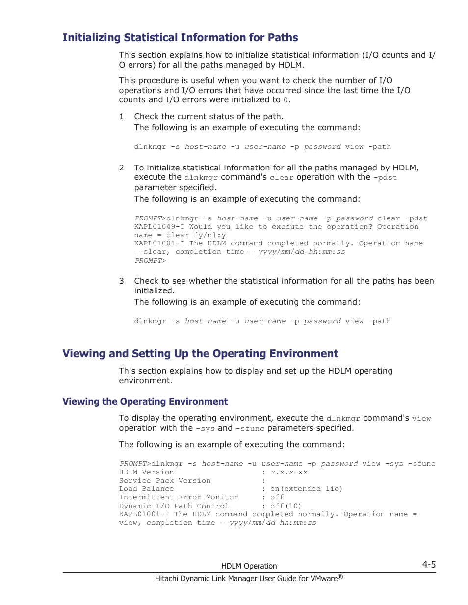 Initializing statistical information for paths, Viewing and setting up the operating environment, Initializing statistical information for paths -5 | Viewing the operating environment -5 | HP Hitachi Dynamic Link Manager Software User Manual | Page 81 / 242