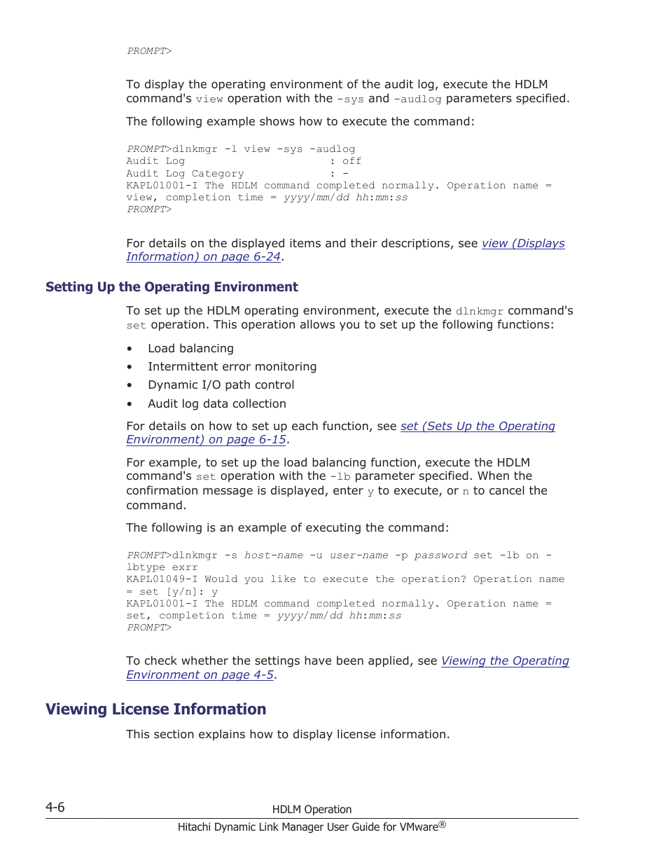 Viewing license information, Setting up the operating environment -6, Viewing license information -6 | HP Hitachi Dynamic Link Manager Software User Manual | Page 82 / 242