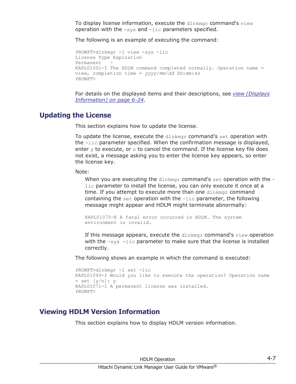 Updating the license, Viewing hdlm version information, Updating the license -7 | Viewing hdlm version information -7 | HP Hitachi Dynamic Link Manager Software User Manual | Page 83 / 242