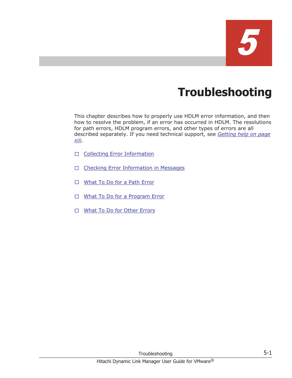 Troubleshooting, 5 troubleshooting -1, Chapter 5, troubleshooting on | HP Hitachi Dynamic Link Manager Software User Manual | Page 87 / 242