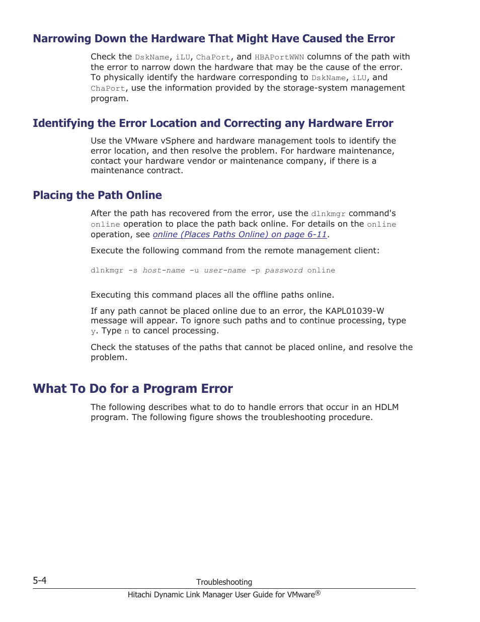 Placing the path online, What to do for a program error, Placing the path online -4 | What to do for a program error -4 | HP Hitachi Dynamic Link Manager Software User Manual | Page 90 / 242