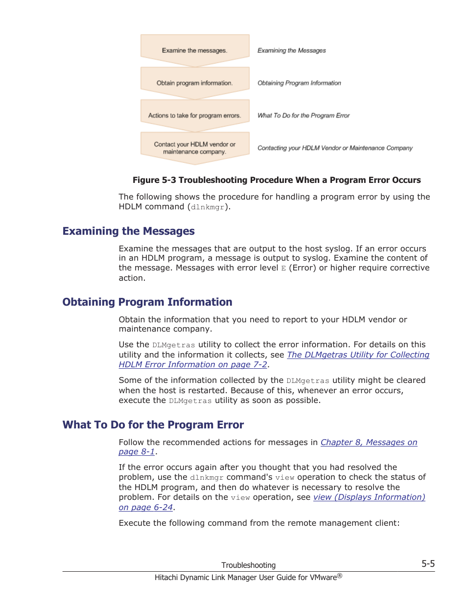 Examining the messages, Obtaining program information, What to do for the program error | Examining the messages -5, Obtaining program information -5, What to do for the program error -5 | HP Hitachi Dynamic Link Manager Software User Manual | Page 91 / 242