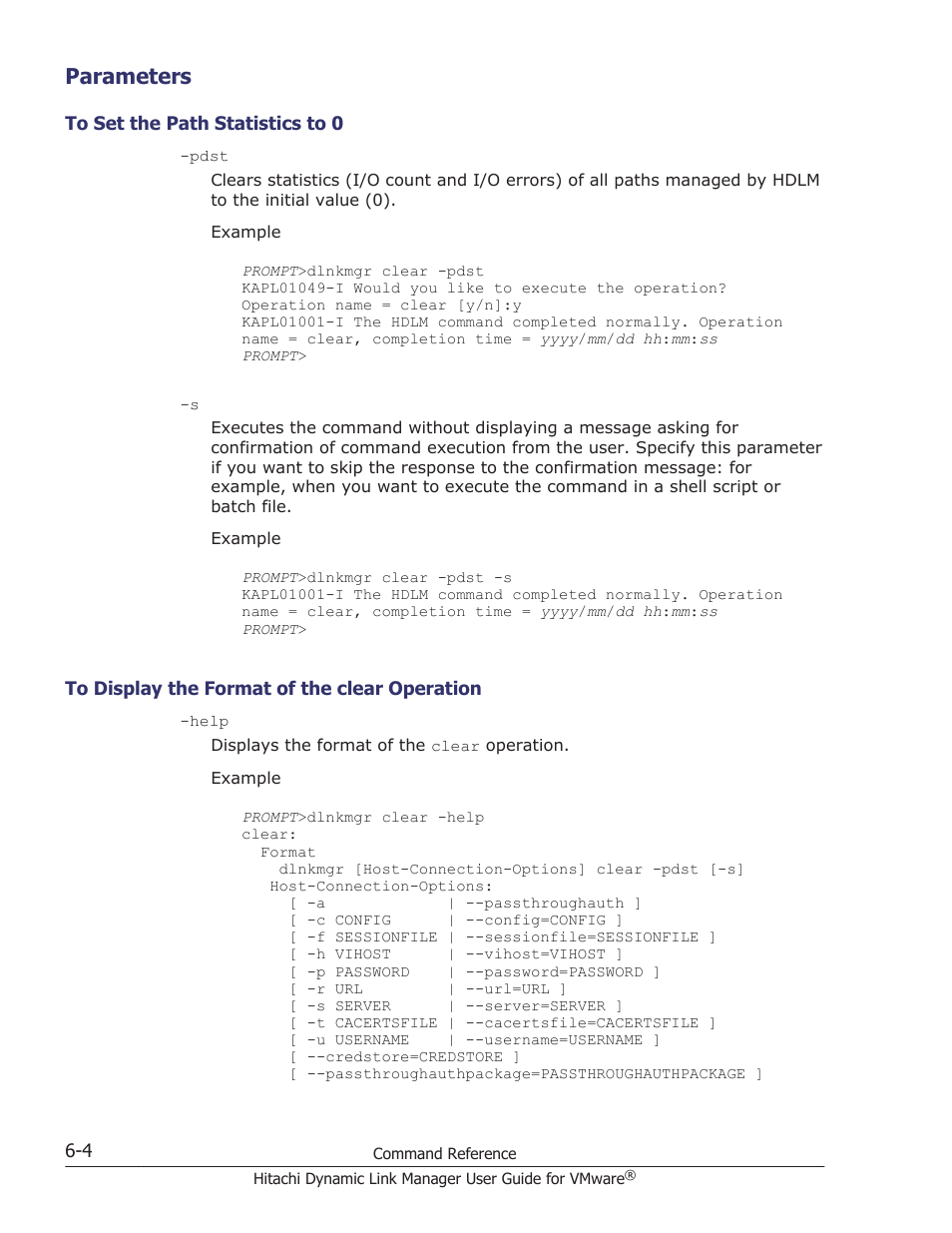 Parameters, Parameters -4, To set the path statistics to 0 -4 | To display the format of the clear operation -4 | HP Hitachi Dynamic Link Manager Software User Manual | Page 96 / 242