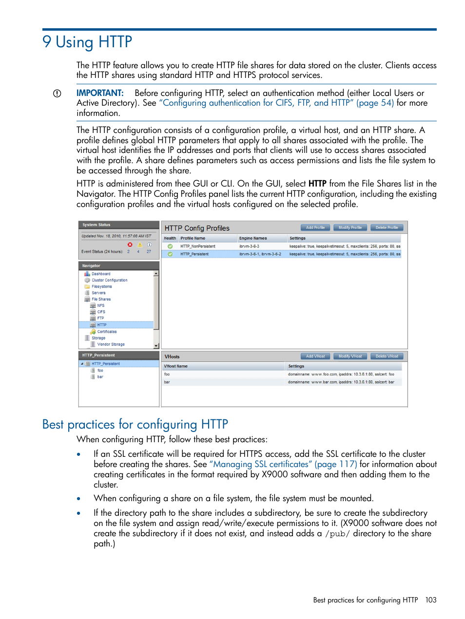 9 using http, Best practices for configuring http | HP StoreAll Storage User Manual | Page 103 / 209