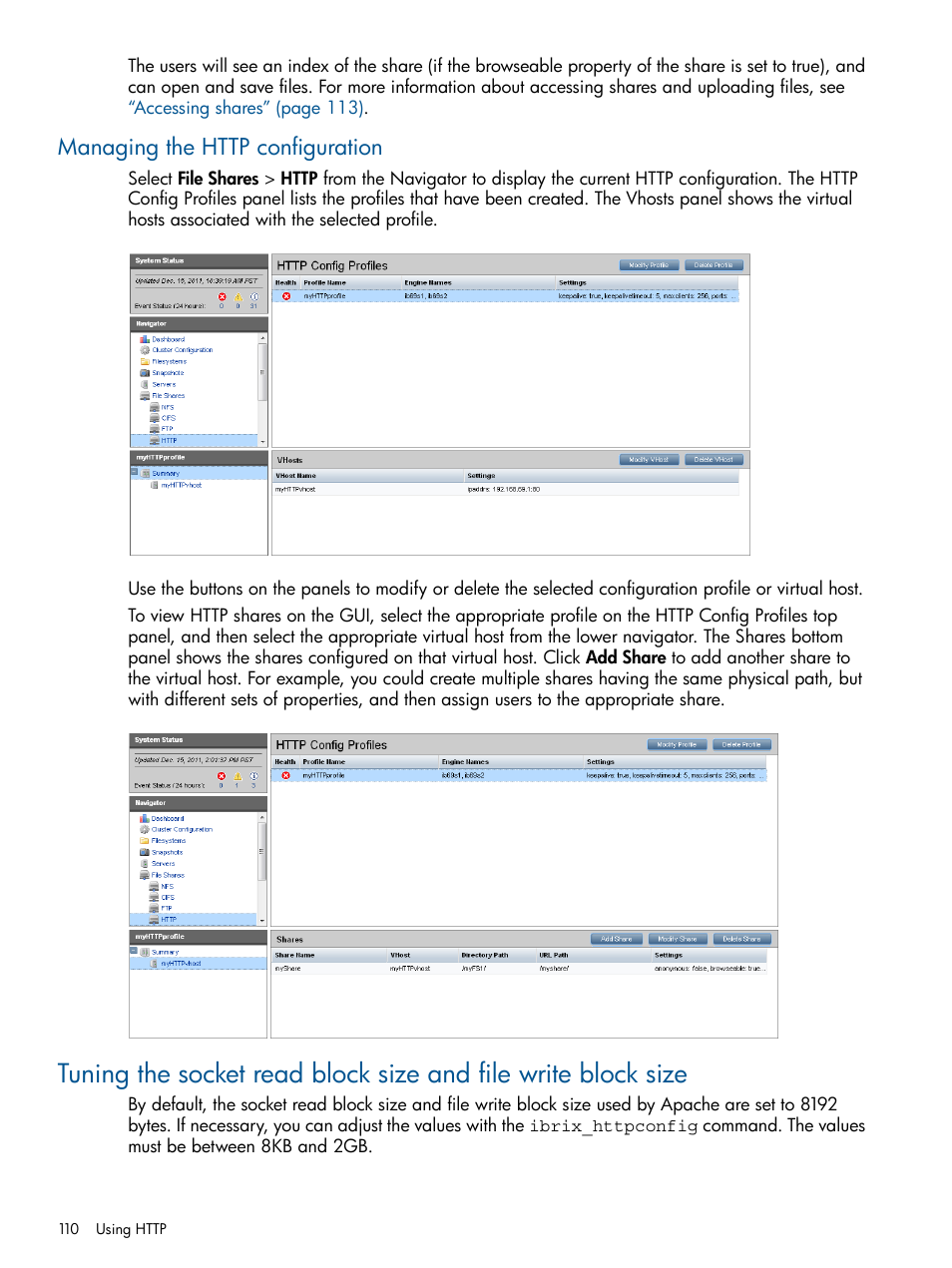 Managing the http configuration | HP StoreAll Storage User Manual | Page 110 / 209