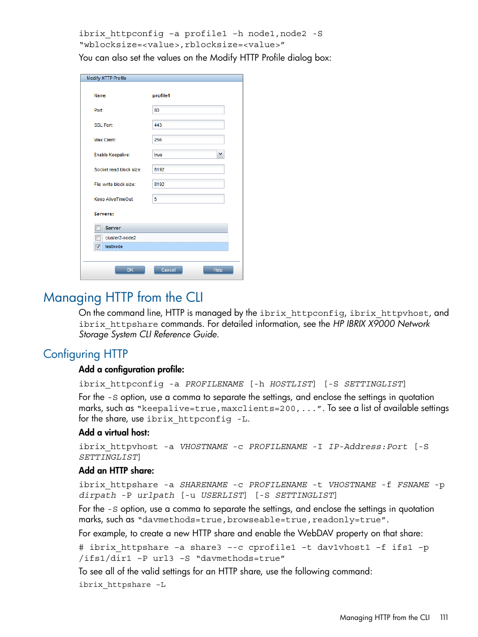 Managing http from the cli, Configuring http | HP StoreAll Storage User Manual | Page 111 / 209