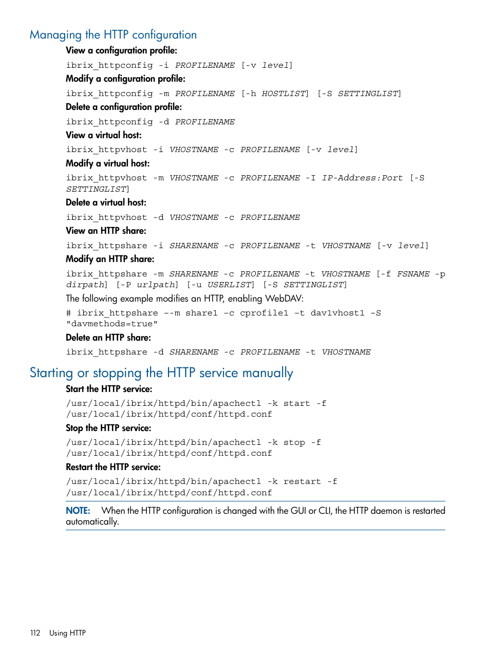 Managing the http configuration, Starting or stopping the http service manually | HP StoreAll Storage User Manual | Page 112 / 209