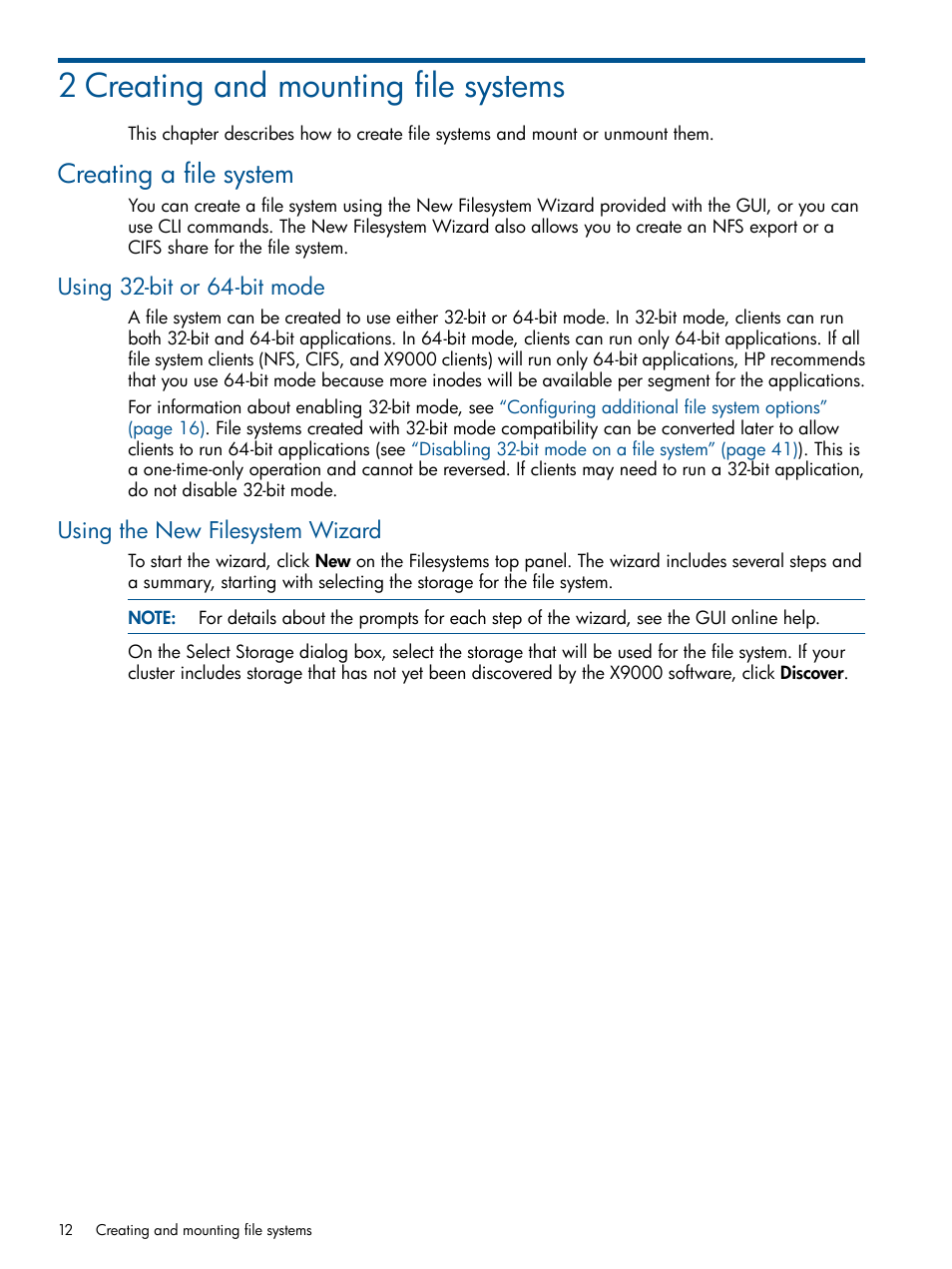 2 creating and mounting file systems, Creating a file system, Using 32-bit or 64-bit mode | Using the new filesystem wizard | HP StoreAll Storage User Manual | Page 12 / 209