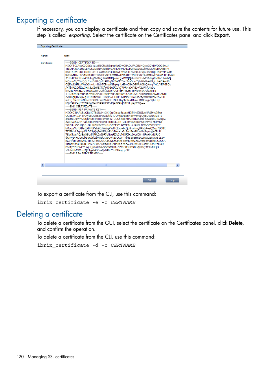 Exporting a certificate, Deleting a certificate, Exporting a certificate deleting a certificate | HP StoreAll Storage User Manual | Page 120 / 209