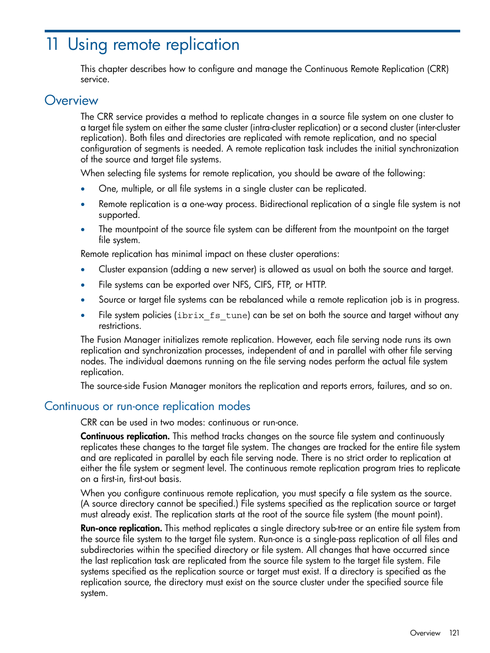 11 using remote replication, Overview, Continuous or run-once replication modes | Using | HP StoreAll Storage User Manual | Page 121 / 209