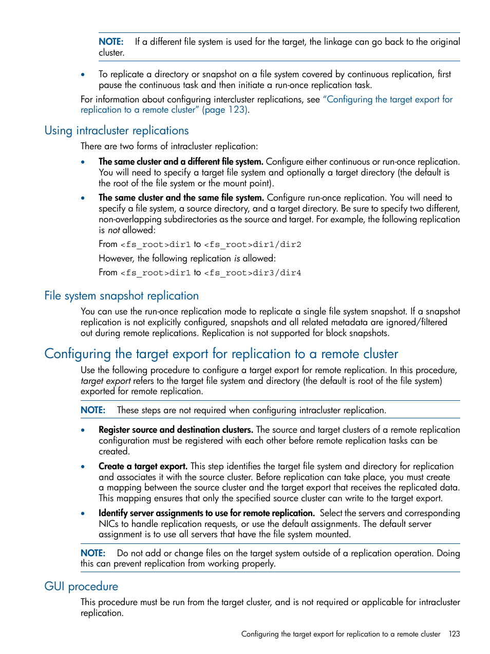 Using intracluster replications, File system snapshot replication, Gui procedure | HP StoreAll Storage User Manual | Page 123 / 209