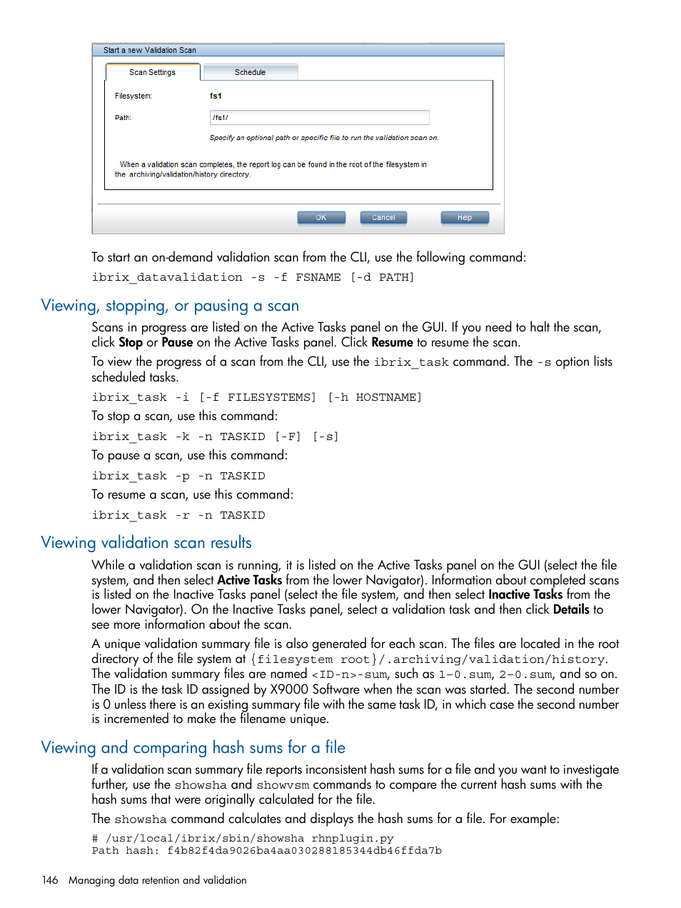 Viewing, stopping, or pausing a scan, Viewing validation scan results, Viewing and comparing hash sums for a file | HP StoreAll Storage User Manual | Page 146 / 209