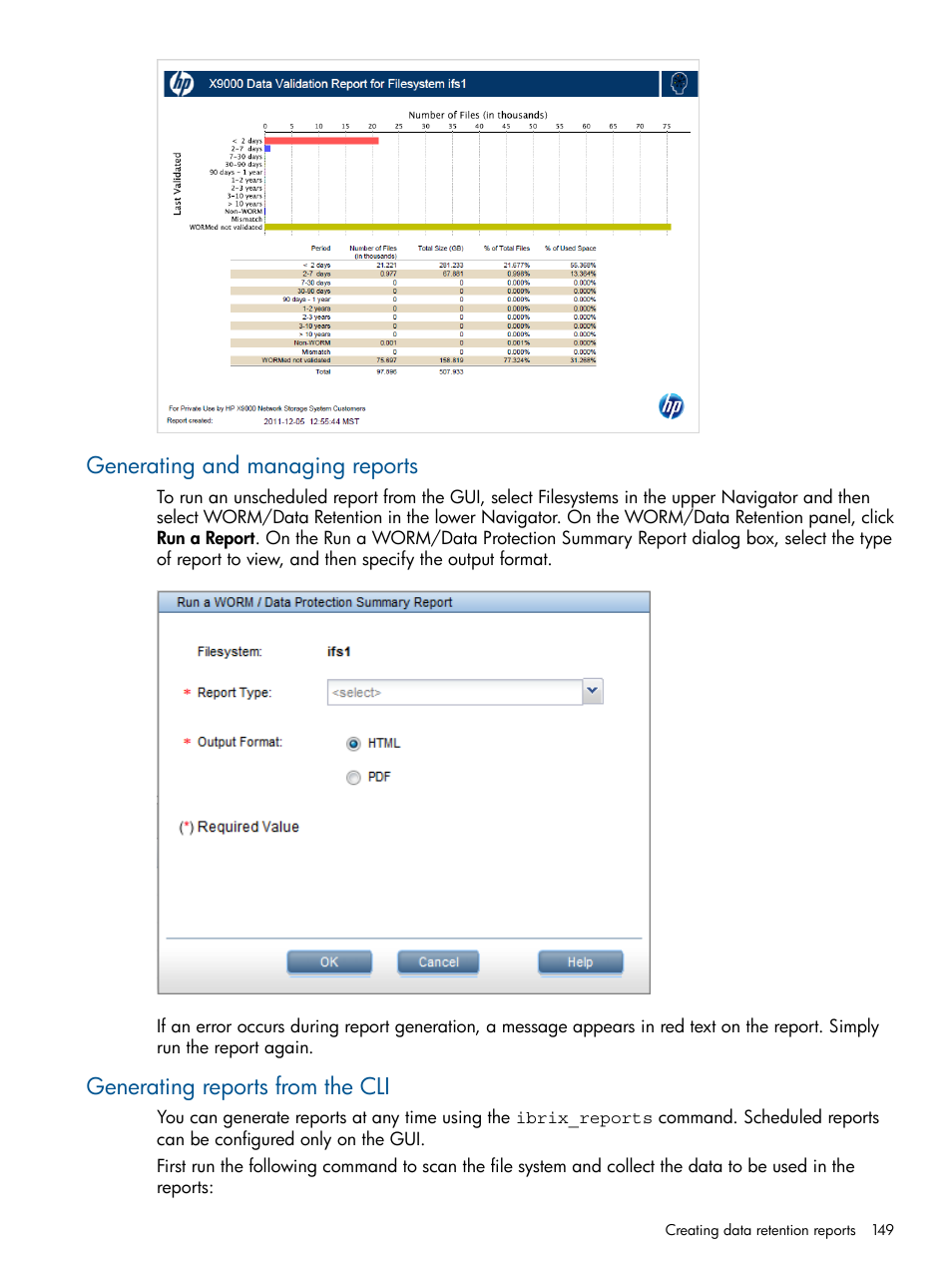 Generating and managing reports, Generating reports from the cli | HP StoreAll Storage User Manual | Page 149 / 209