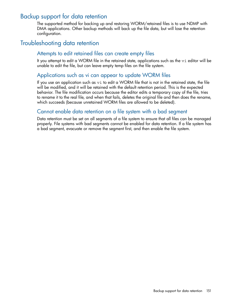 Backup support for data retention, Troubleshooting data retention | HP StoreAll Storage User Manual | Page 151 / 209