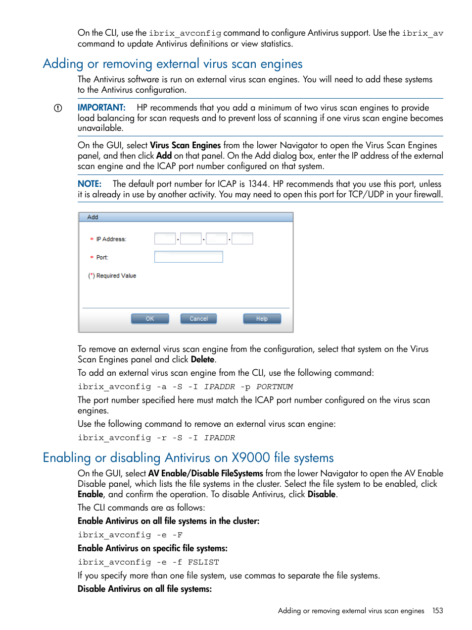 Adding or removing external virus scan engines | HP StoreAll Storage User Manual | Page 153 / 209