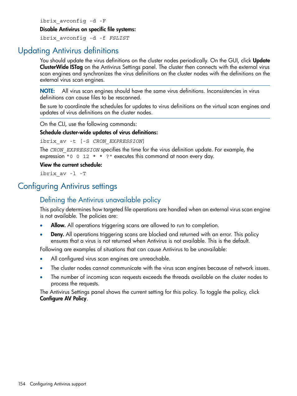 Updating antivirus definitions, Configuring antivirus settings, Defining the antivirus unavailable policy | HP StoreAll Storage User Manual | Page 154 / 209