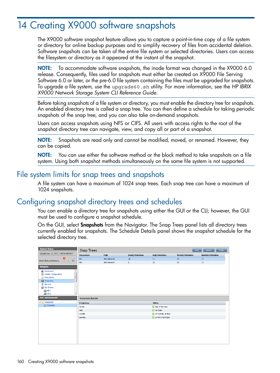 14 creating x9000 software snapshots, File system limits for snap trees and snapshots, Configuring snapshot directory trees and schedules | HP StoreAll Storage User Manual | Page 160 / 209