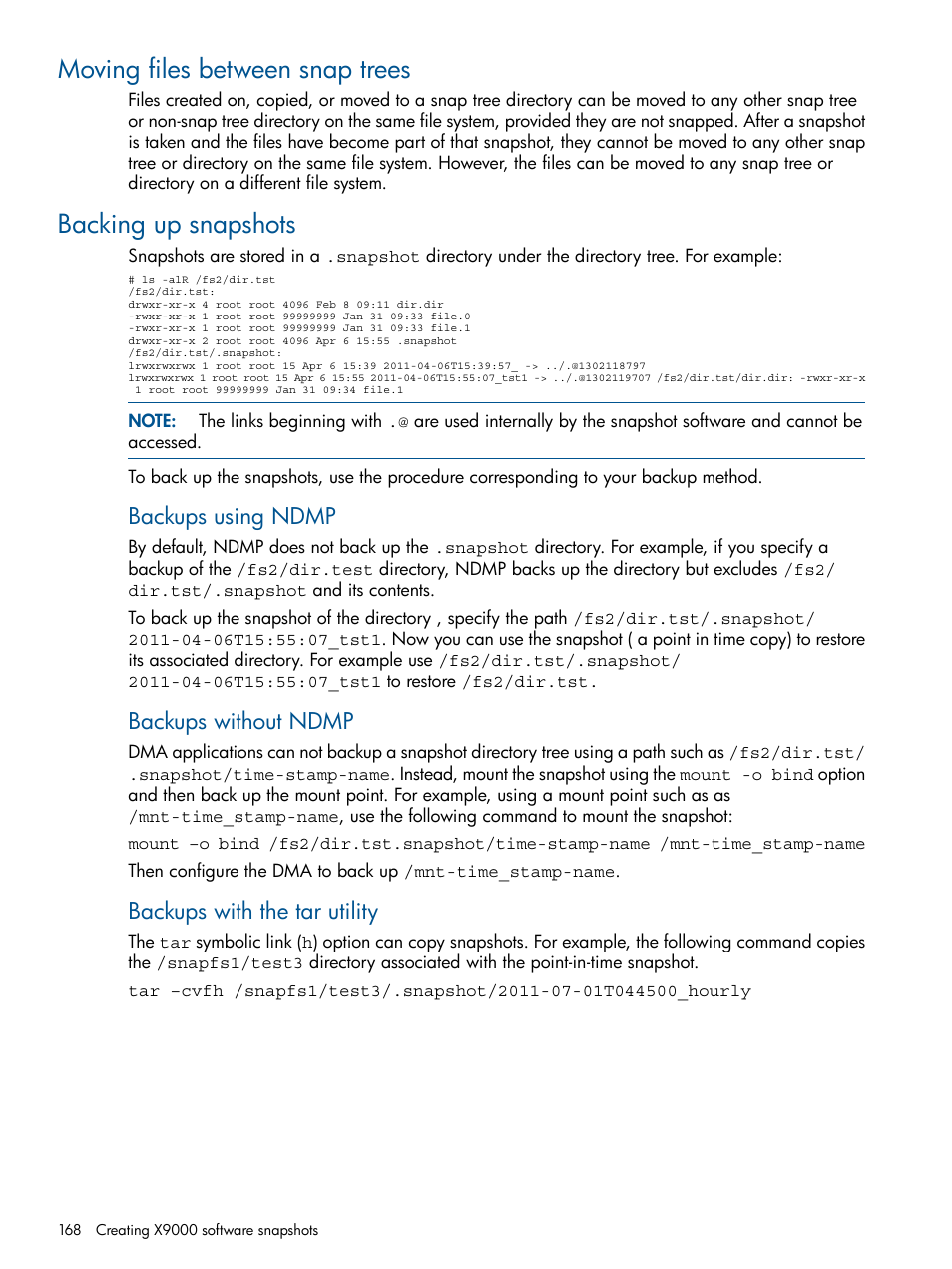 Moving files between snap trees, Backing up snapshots, Backups using ndmp | Backups without ndmp, Backups with the tar utility | HP StoreAll Storage User Manual | Page 168 / 209