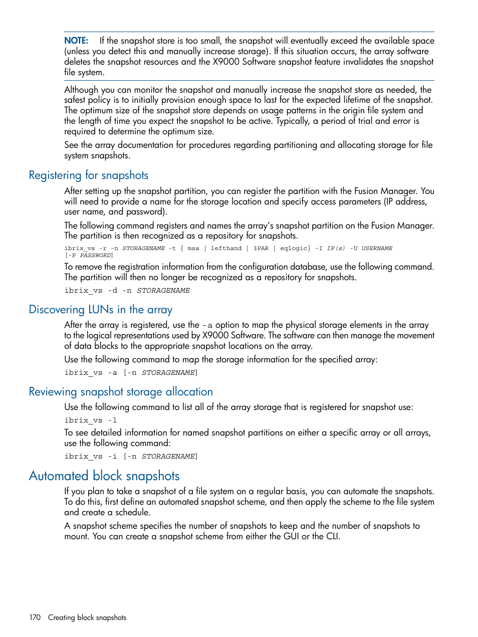 Registering for snapshots, Discovering luns in the array, Reviewing snapshot storage allocation | Automated block snapshots | HP StoreAll Storage User Manual | Page 170 / 209