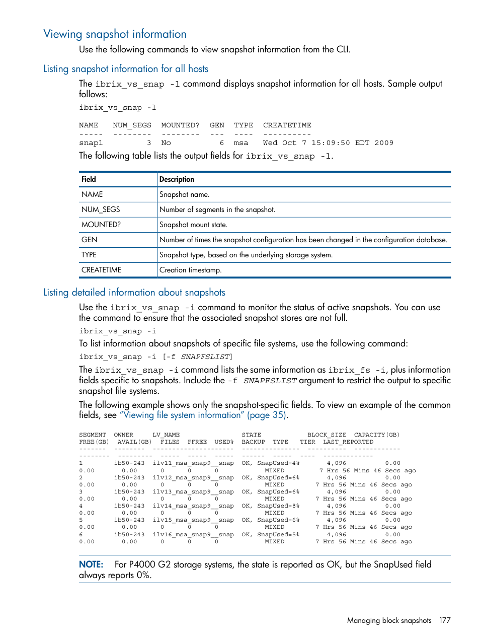 Viewing snapshot information, Listing snapshot information for all hosts, Listing detailed information about snapshots | HP StoreAll Storage User Manual | Page 177 / 209