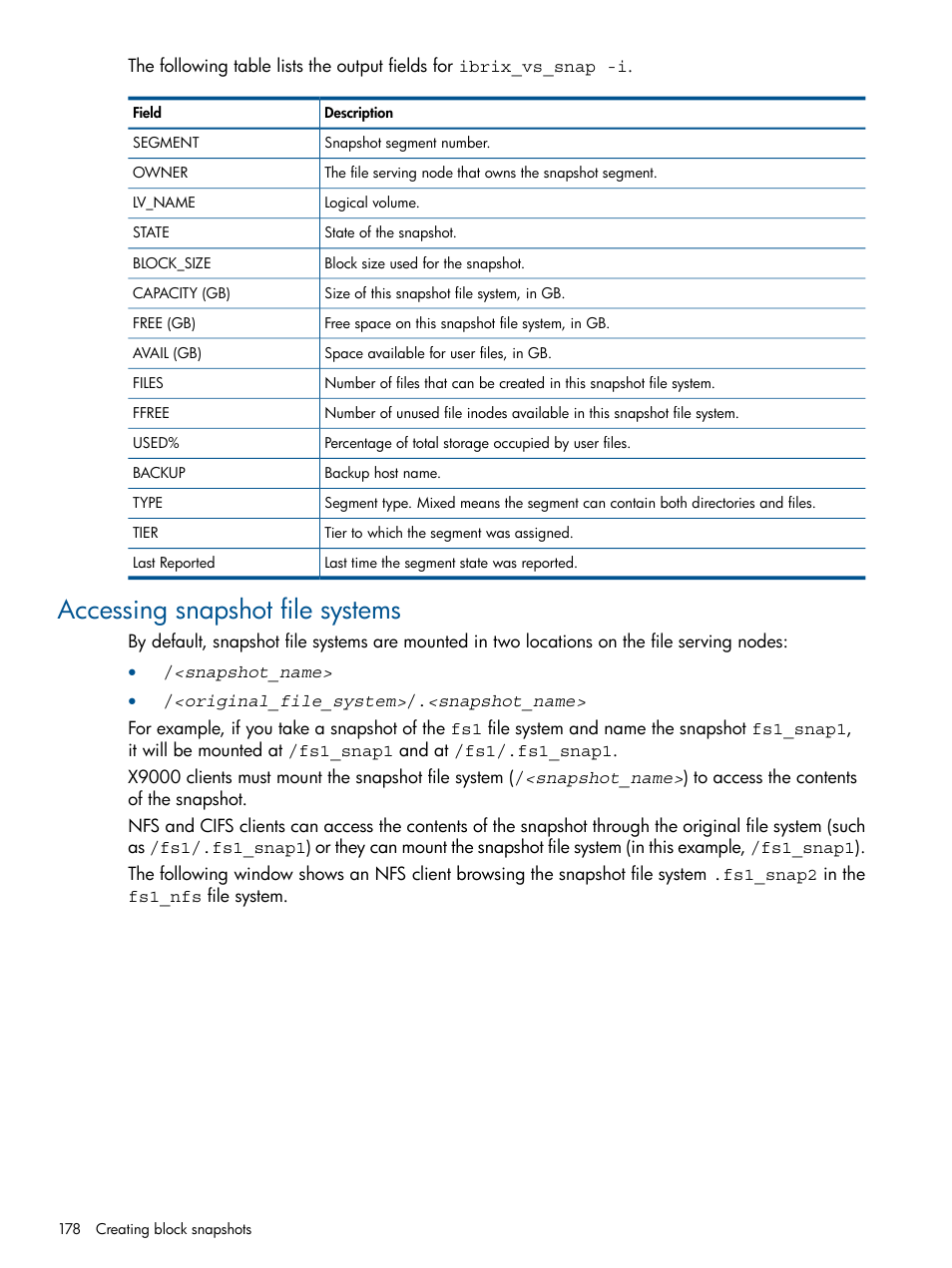 Accessing snapshot file systems | HP StoreAll Storage User Manual | Page 178 / 209