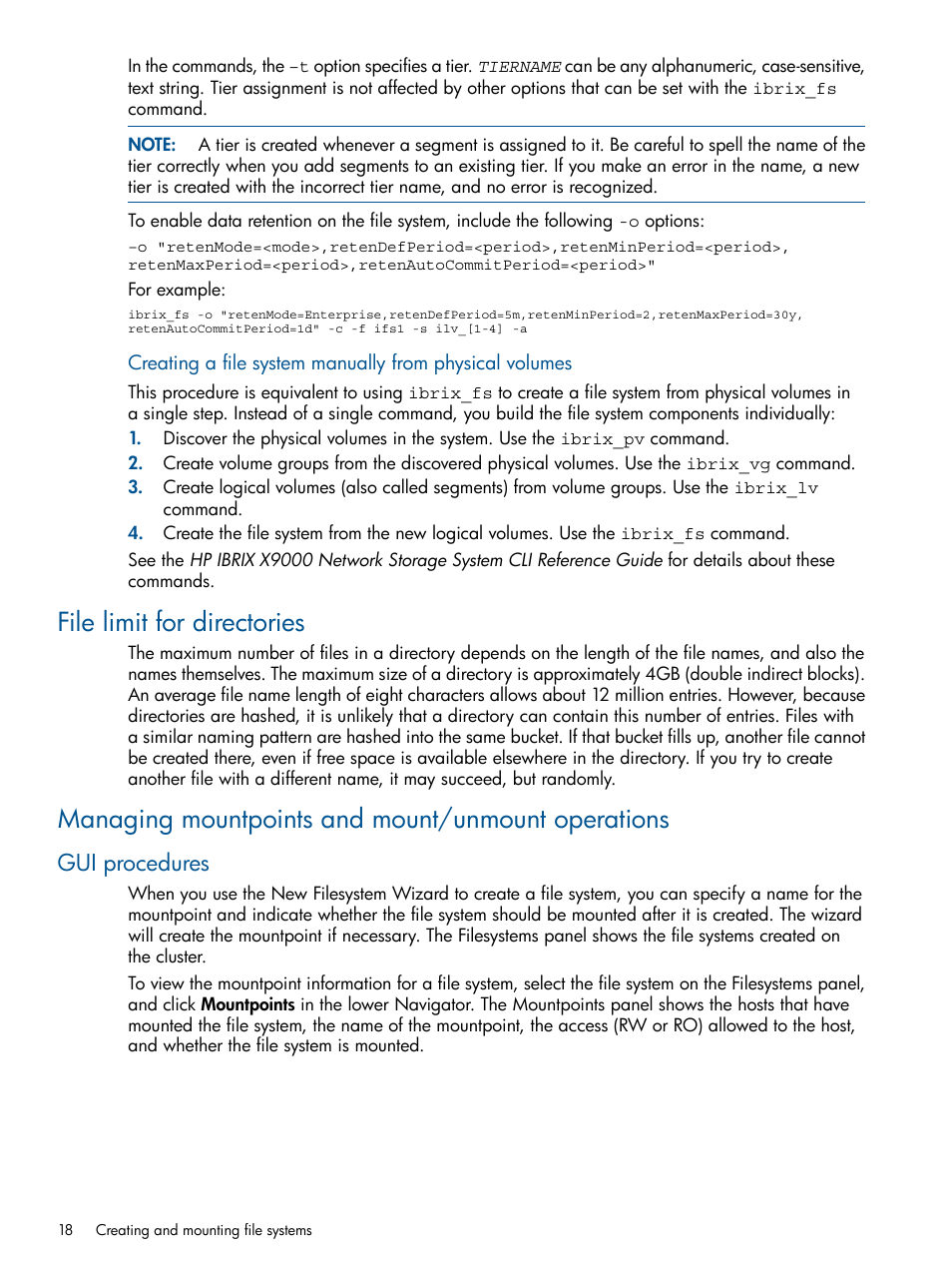 File limit for directories, Managing mountpoints and mount/unmount operations, Gui procedures | HP StoreAll Storage User Manual | Page 18 / 209