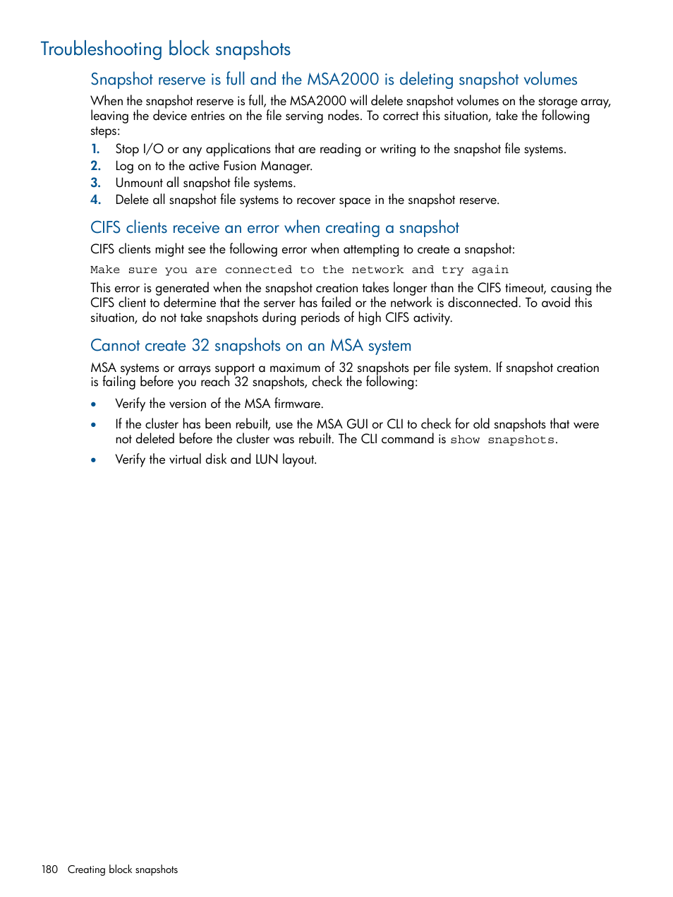 Troubleshooting block snapshots, Cannot create 32 snapshots on an msa system | HP StoreAll Storage User Manual | Page 180 / 209