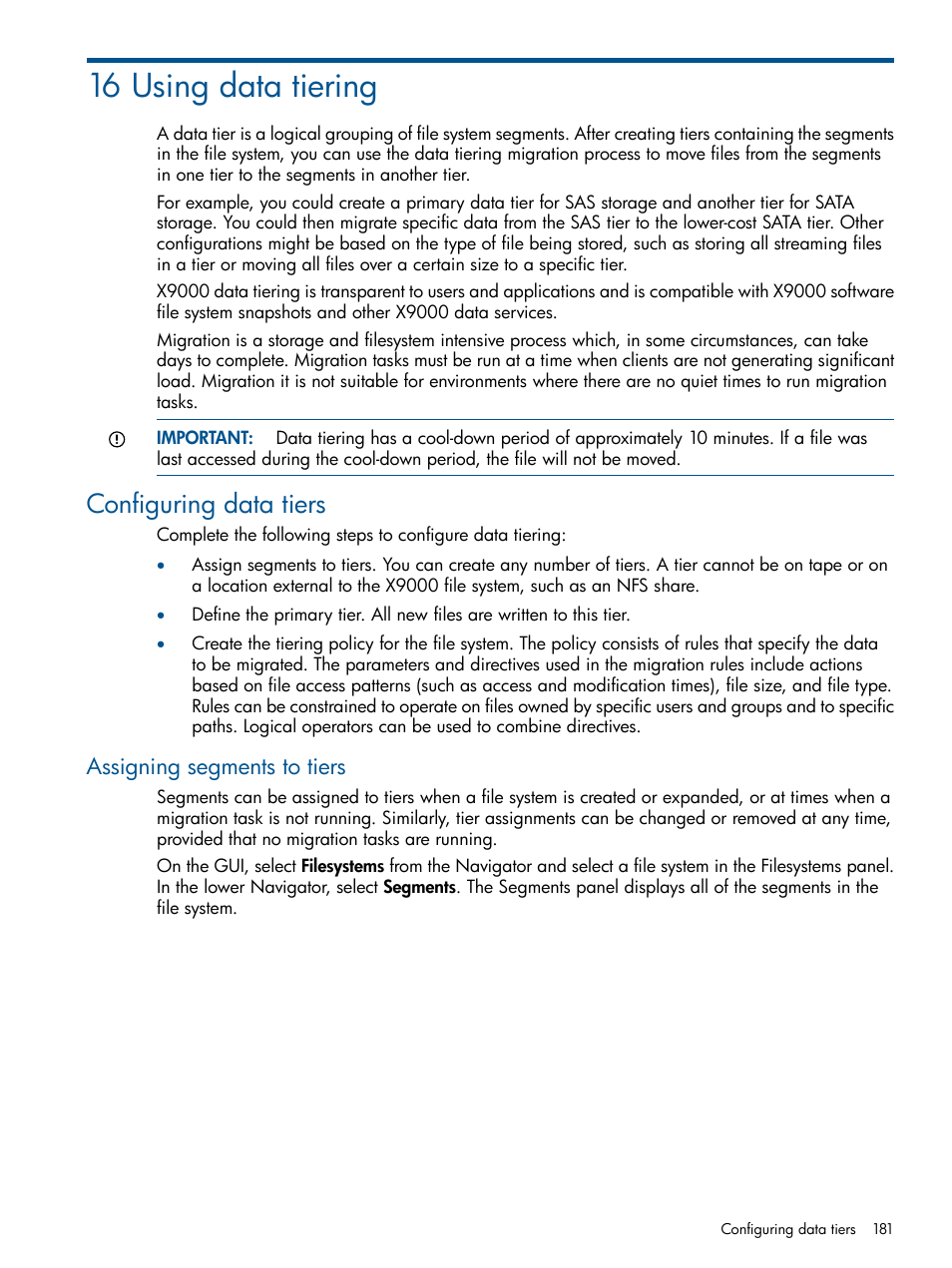 16 using data tiering, Configuring data tiers, Assigning segments to tiers | Using | HP StoreAll Storage User Manual | Page 181 / 209