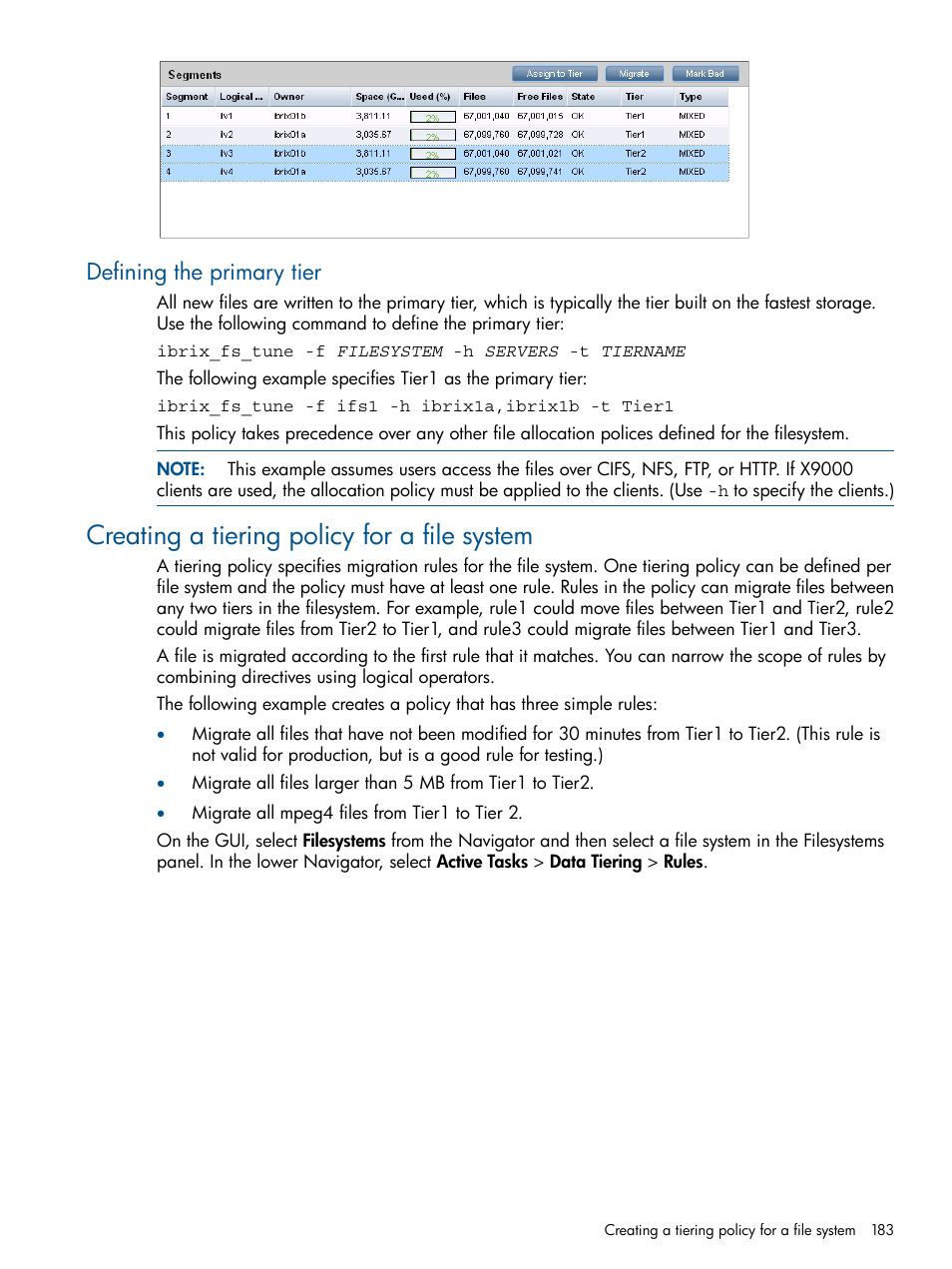 Defining the primary tier, Creating a tiering policy for a file system | HP StoreAll Storage User Manual | Page 183 / 209