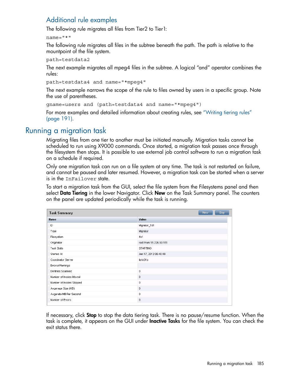 Running a migration task, Additional rule examples | HP StoreAll Storage User Manual | Page 185 / 209