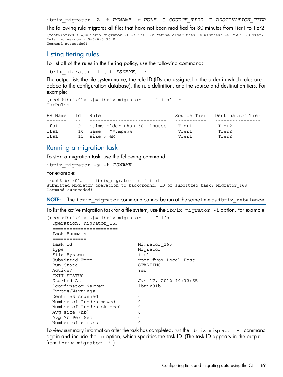 Listing tiering rules, Running a migration task | HP StoreAll Storage User Manual | Page 189 / 209