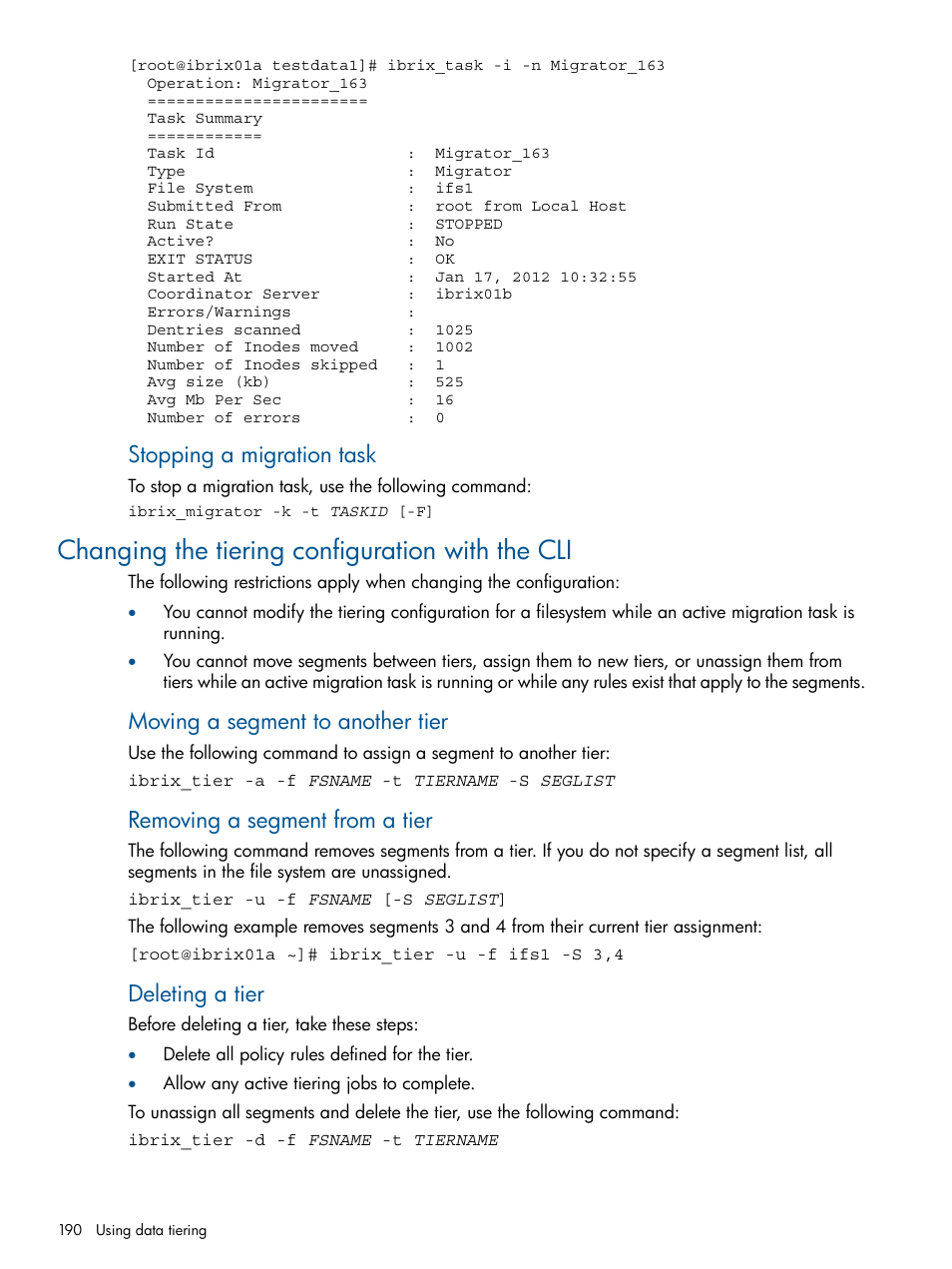 Changing the tiering configuration with the cli, Stopping a migration task, Moving a segment to another tier | Removing a segment from a tier, Deleting a tier | HP StoreAll Storage User Manual | Page 190 / 209