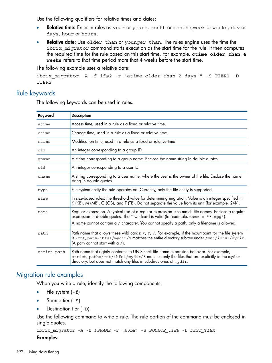 Rule keywords, Migration rule examples, Rule keywords migration rule examples | HP StoreAll Storage User Manual | Page 192 / 209