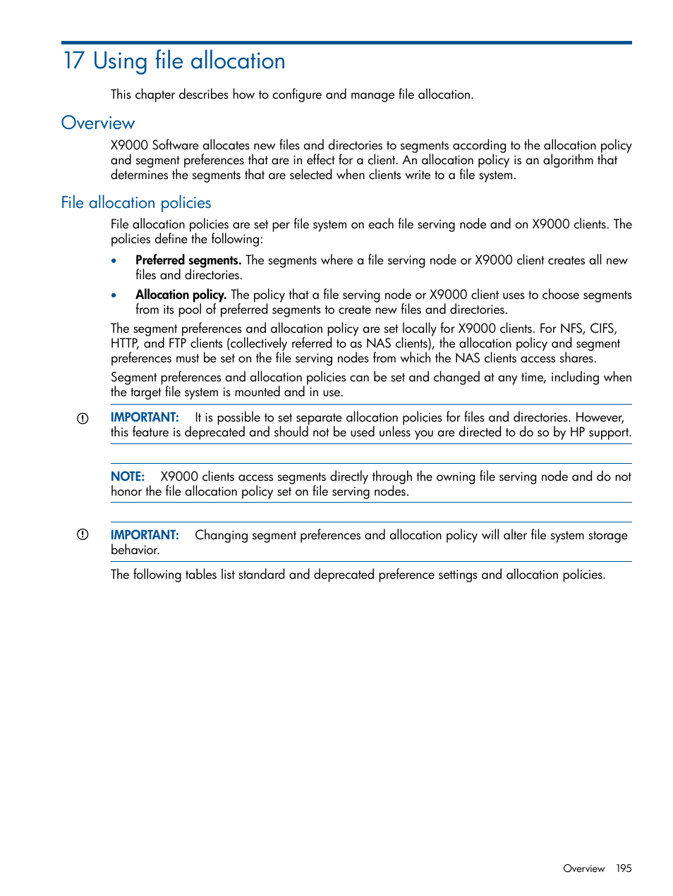 17 using file allocation, Overview, File allocation policies | HP StoreAll Storage User Manual | Page 195 / 209