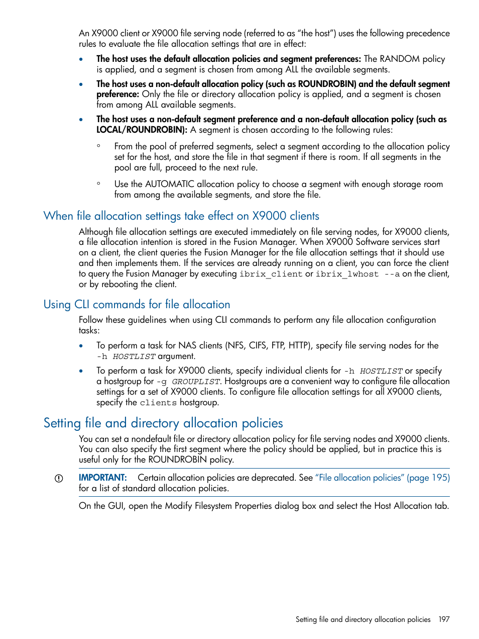Using cli commands for file allocation, Setting file and directory allocation policies | HP StoreAll Storage User Manual | Page 197 / 209
