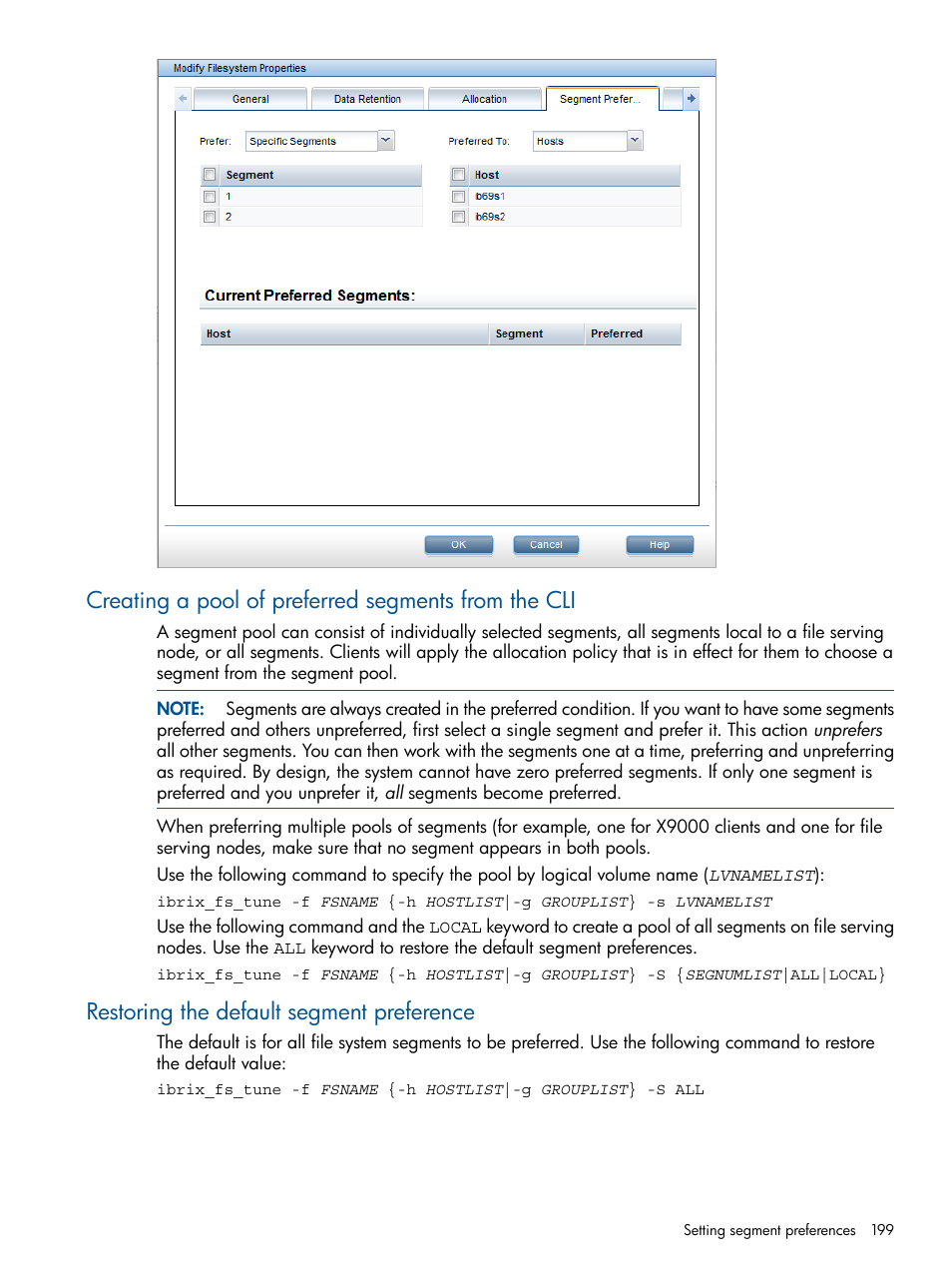 Creating a pool of preferred segments from the cli, Restoring the default segment preference | HP StoreAll Storage User Manual | Page 199 / 209