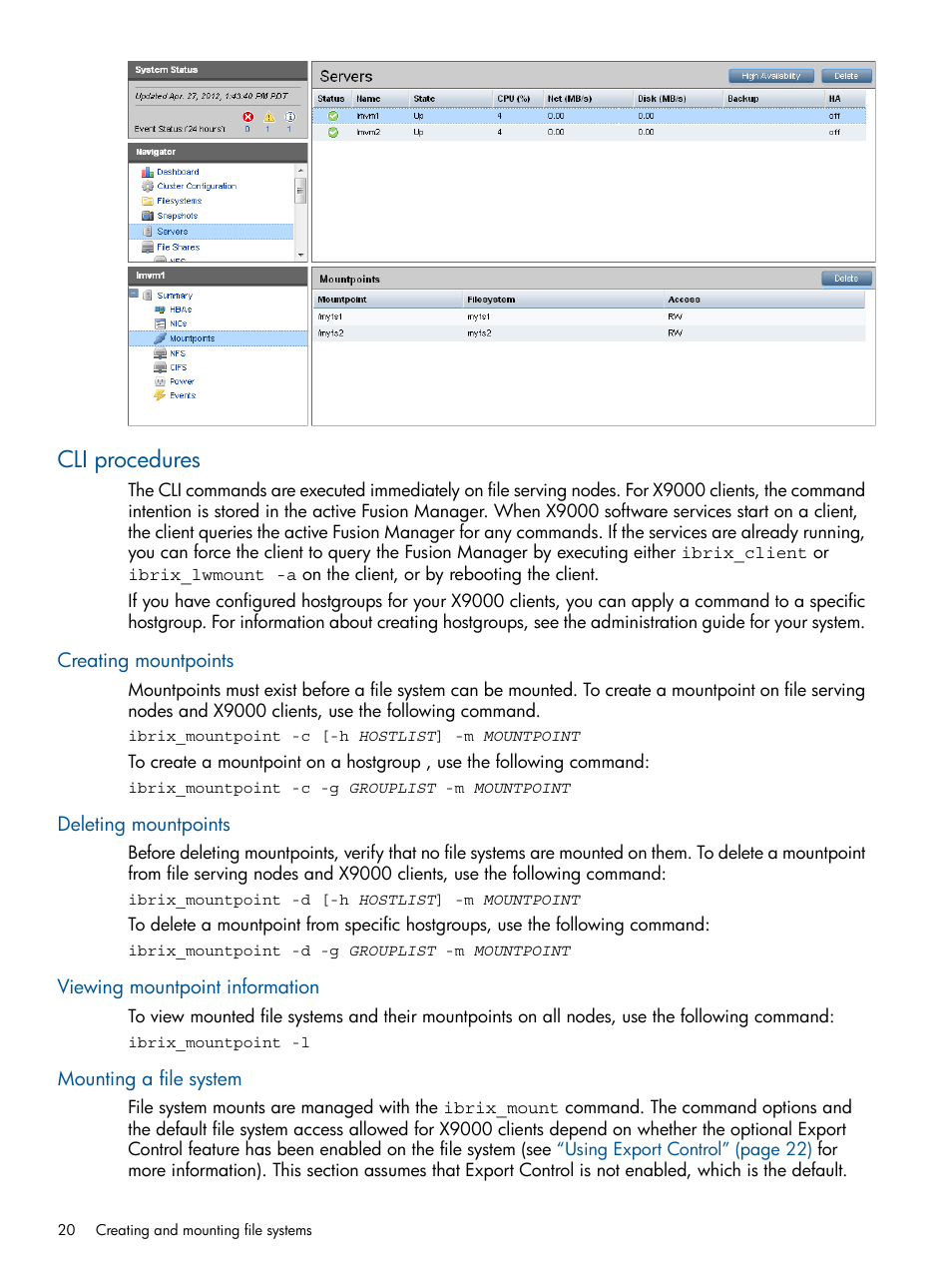 Cli procedures, Creating mountpoints, Deleting mountpoints | Viewing mountpoint information, Mounting a file system | HP StoreAll Storage User Manual | Page 20 / 209