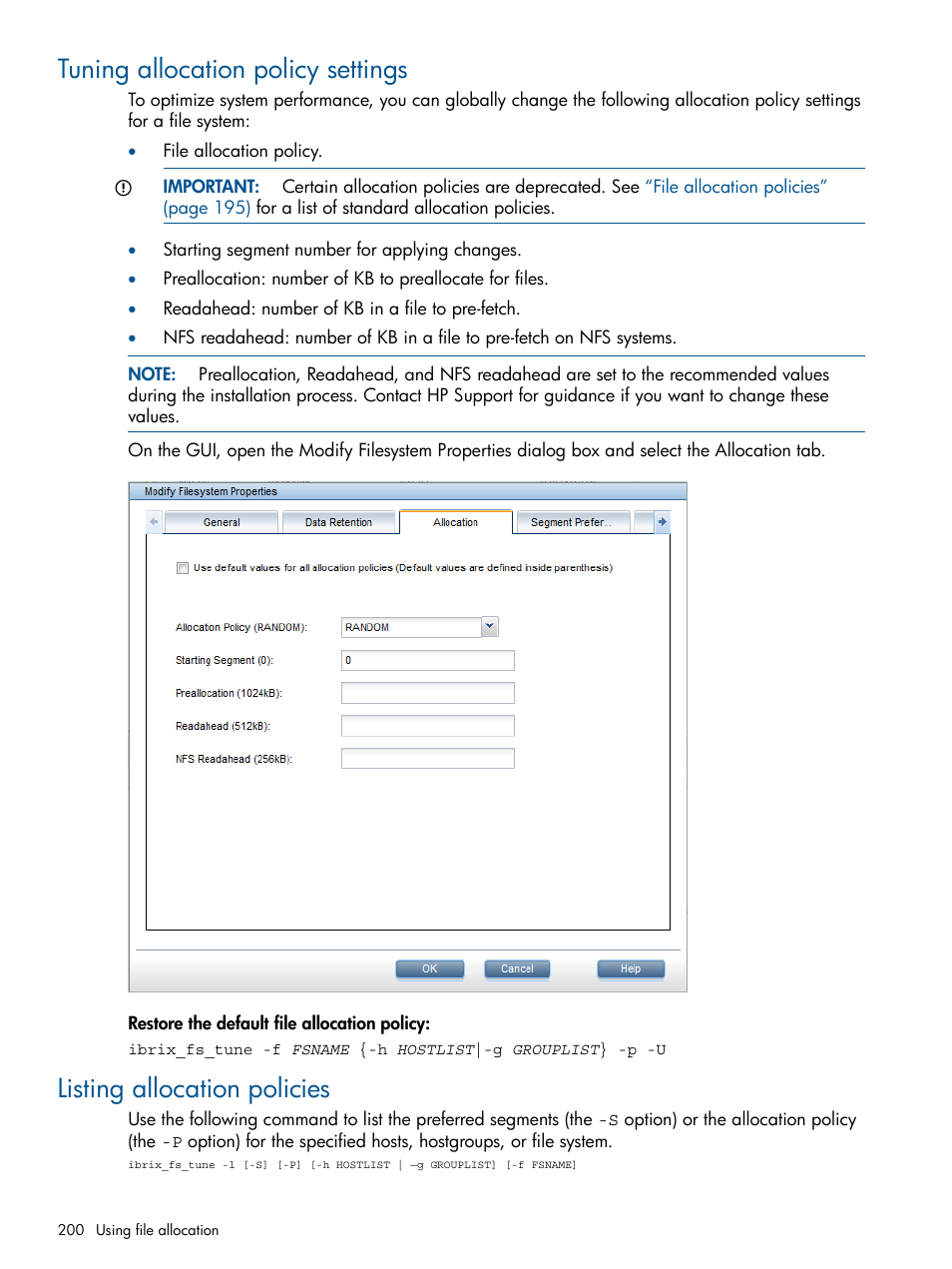 Tuning allocation policy settings, Listing allocation policies | HP StoreAll Storage User Manual | Page 200 / 209